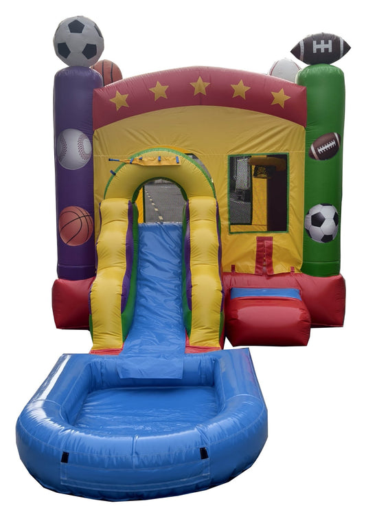 Sports theme bounce house slide and pool combo, Inflate-O commercial inflatable