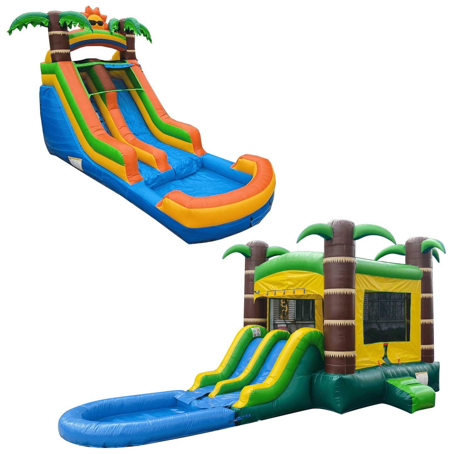 Starter Package Bundle — 13ft Tropical Sun + Tropical Bounce House with Slide | Free Shipping | All Accessories Included
