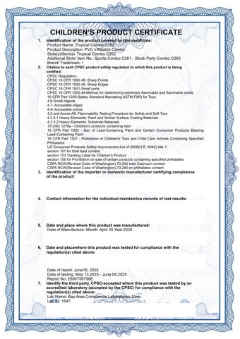 Inflate-O combo unit safety certificate from Bay Area Compliance Laboratories, contact details redacted