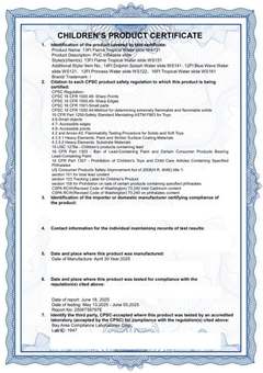 Inflate-O water slide safety certificate from Bay Area Compliance Laboratories, contact details redacted
