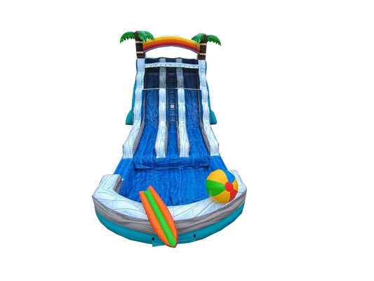 18ft Dual Beach Water Slide front view, two lanes into the splash pool, Inflate-O commercial water slide
