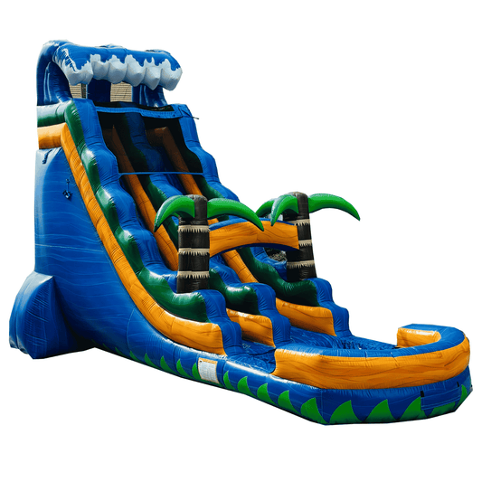 22ft Blue Tropical commercial water slide by Inflate-O, front three quarter view with splash pool