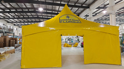 Custom printed high peak frame tent showing the available branding option