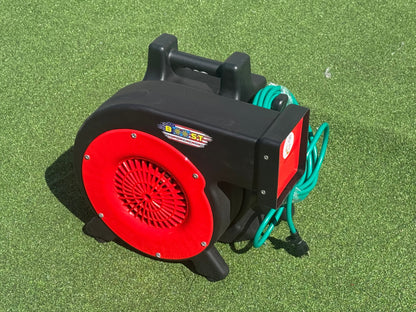 Bounce house blower with red intake fan, carry handle and 25 ft power cord