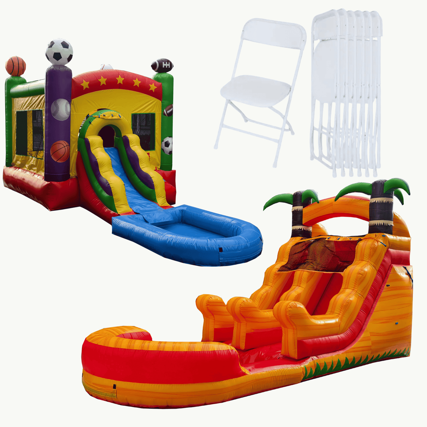 Growth Bundle — Sports Combo bounce house with slide, 13ft Flame Tropical waterslide, and 50 white folding chairs