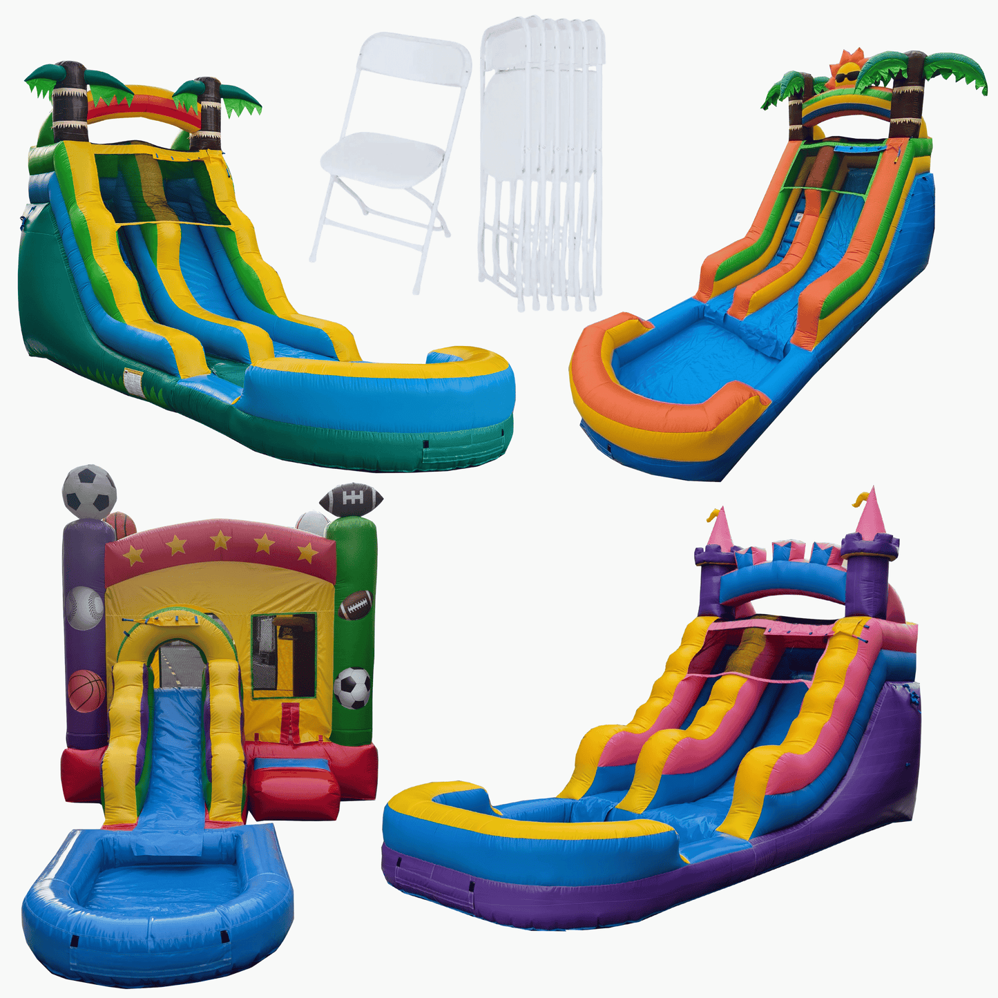 Premium Fleet Package — Princess slide, Sports Combo, 16ft Tropical waterslide, 50 folding chairs, and 13ft Tropical Sun waterslide bundle