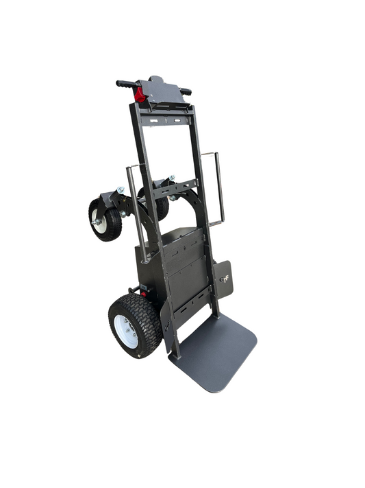 Good Time Fabrication GTF Electric Powered Dolly hand truck for bounce houses and inflatables — black steel construction with 16-inch drive tires