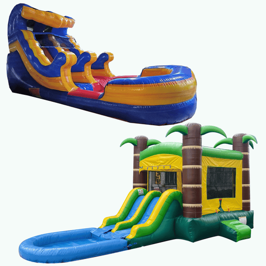Starter Package Bundle: 12ft Blue Tide Waterslide and Tropical Combo shown together, a rental starter set with two splash pools and all accessories included
