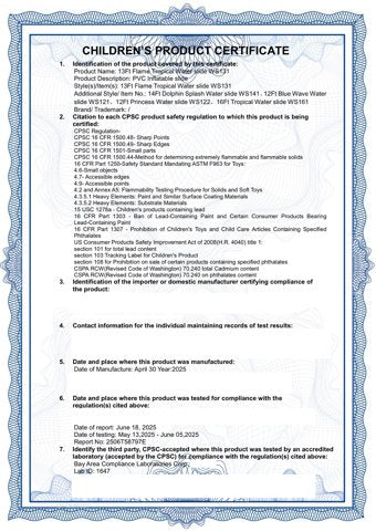 Inflate-O water slide safety certificate from Bay Area Compliance Laboratories, contact details redacted